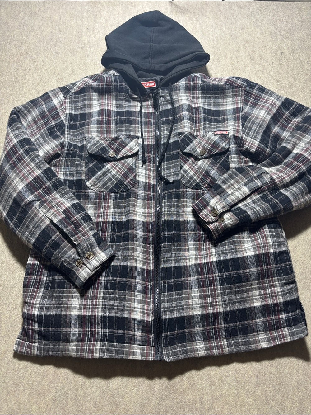 Craftsman Men M Full Zip Black Hooded Quilt Lined Plaid Jacket 4 Pockets (12)